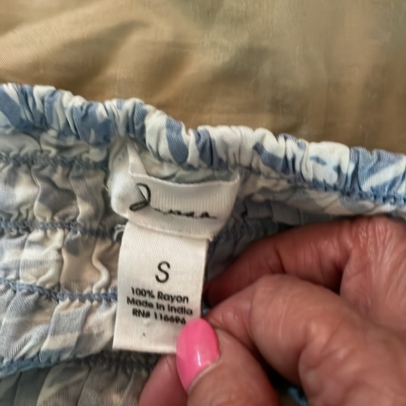 Japna blue and white smocked V neck crop top with ruffled sleeves. - Picture 5 of 5